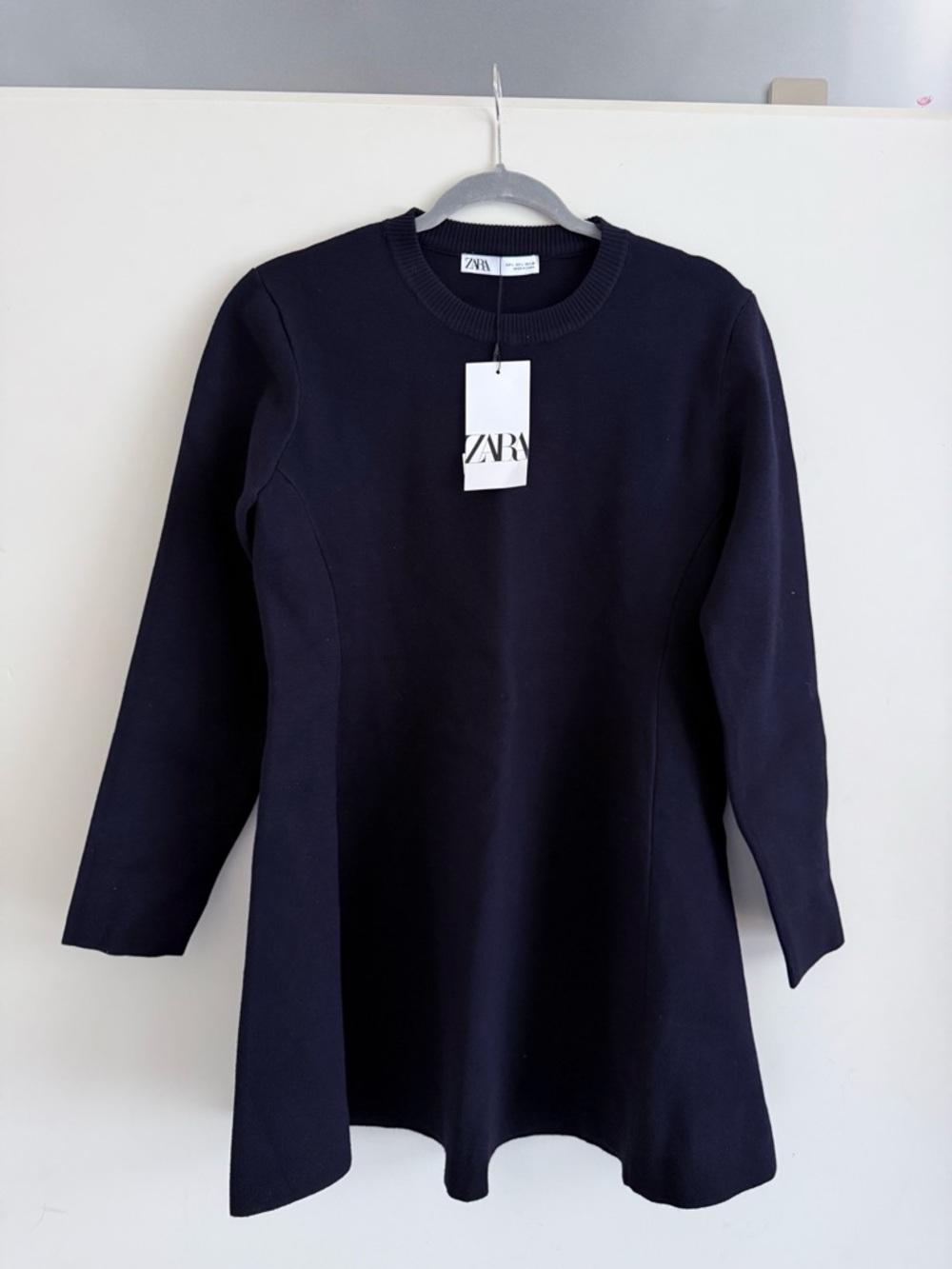 Zara Navy Blue Knit Dress Long Sleeve A-Line Size L NWT - Picture 2 of 4